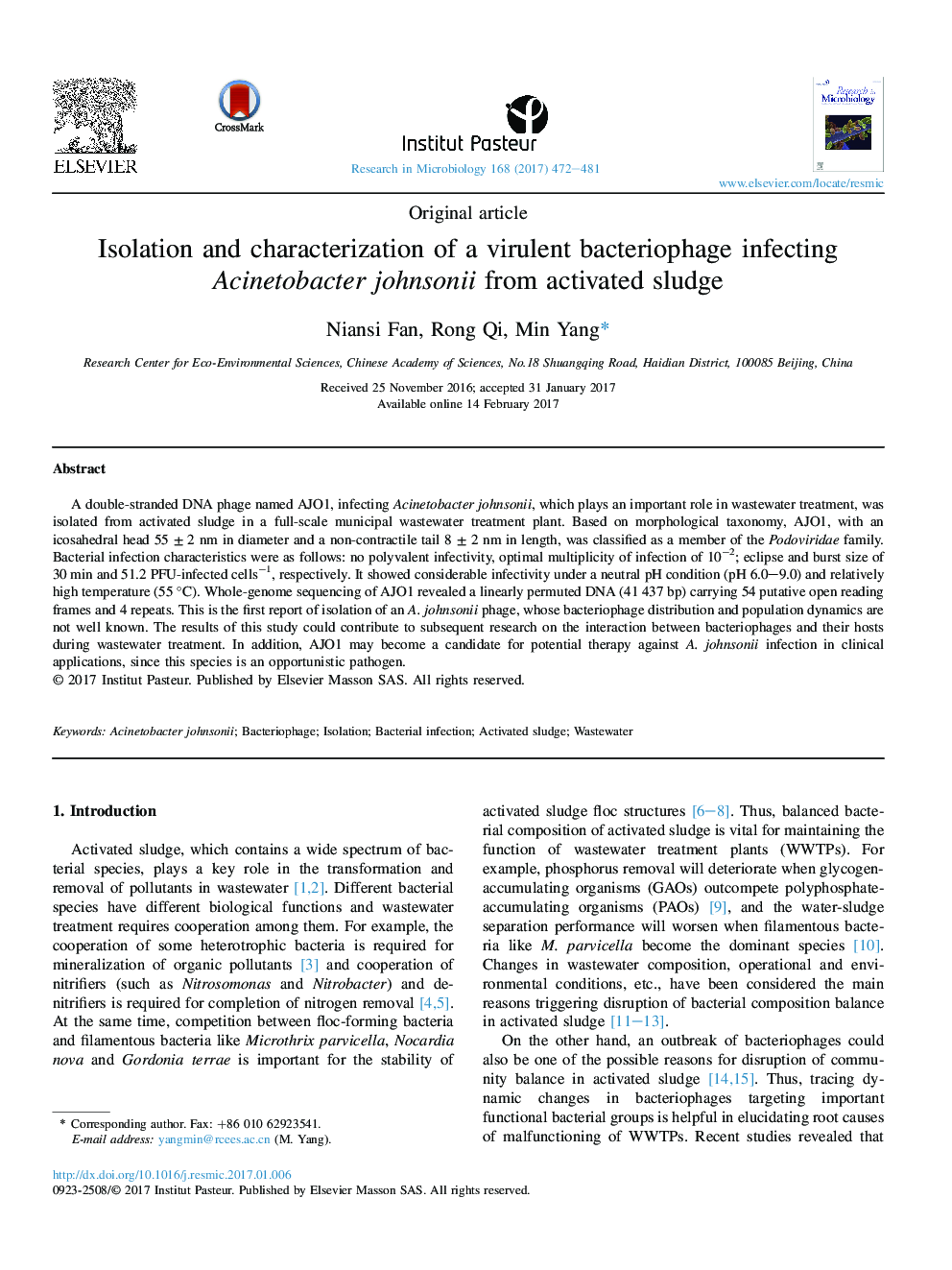 Original articleIsolation and characterization of a virulent bacteriophage infecting Acinetobacter johnsonii from activated sludge