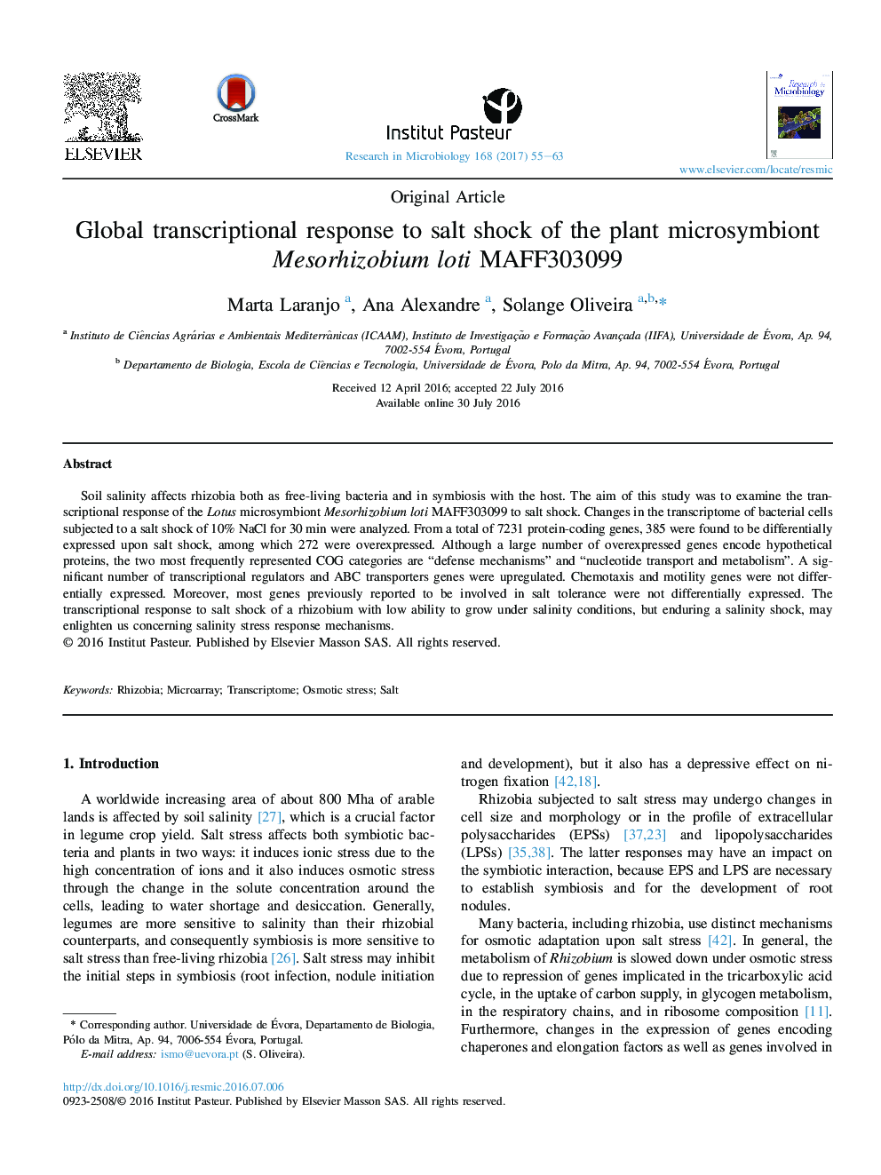 Original ArticleGlobal transcriptional response to salt shock of the plant microsymbiont Mesorhizobium loti MAFF303099