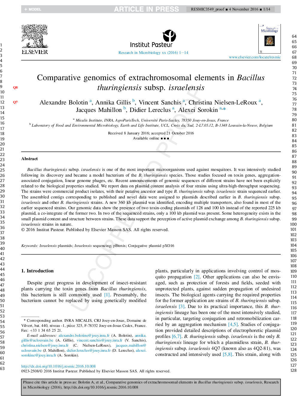 Comparative genomics of extrachromosomal elements in Bacillus thuringiensis subsp. israelensis