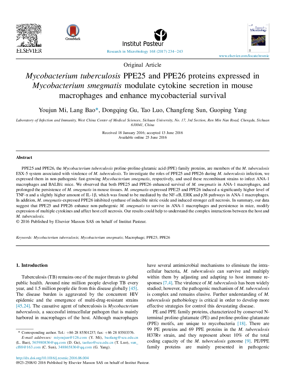 Original ArticleMycobacterium tuberculosis PPE25 and PPE26 proteins expressed in Mycobacterium smegmatis modulate cytokine secretion in mouse macrophages and enhance mycobacterial survival