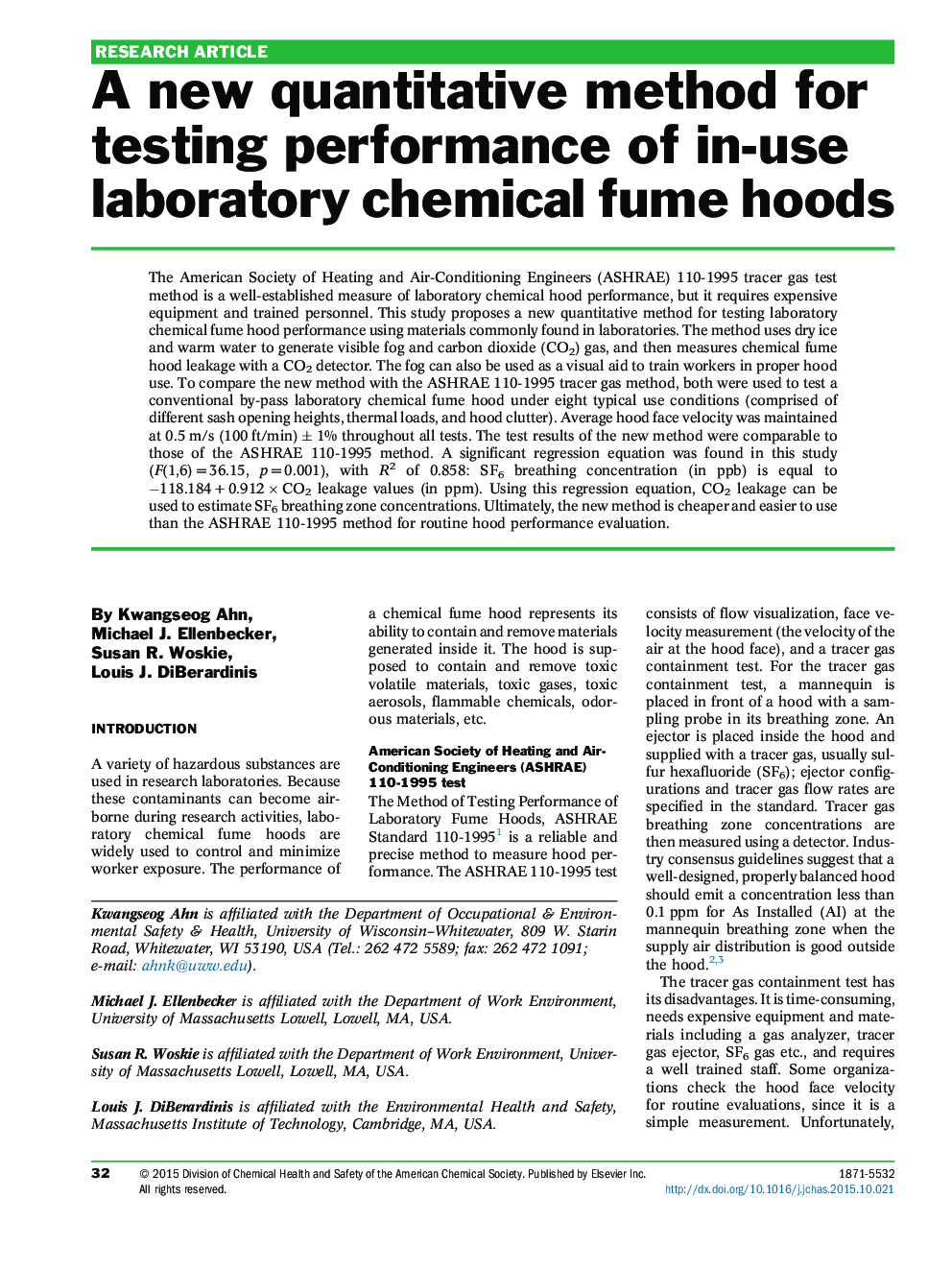 A new quantitative method for testing performance of in-use laboratory chemical fume hoods