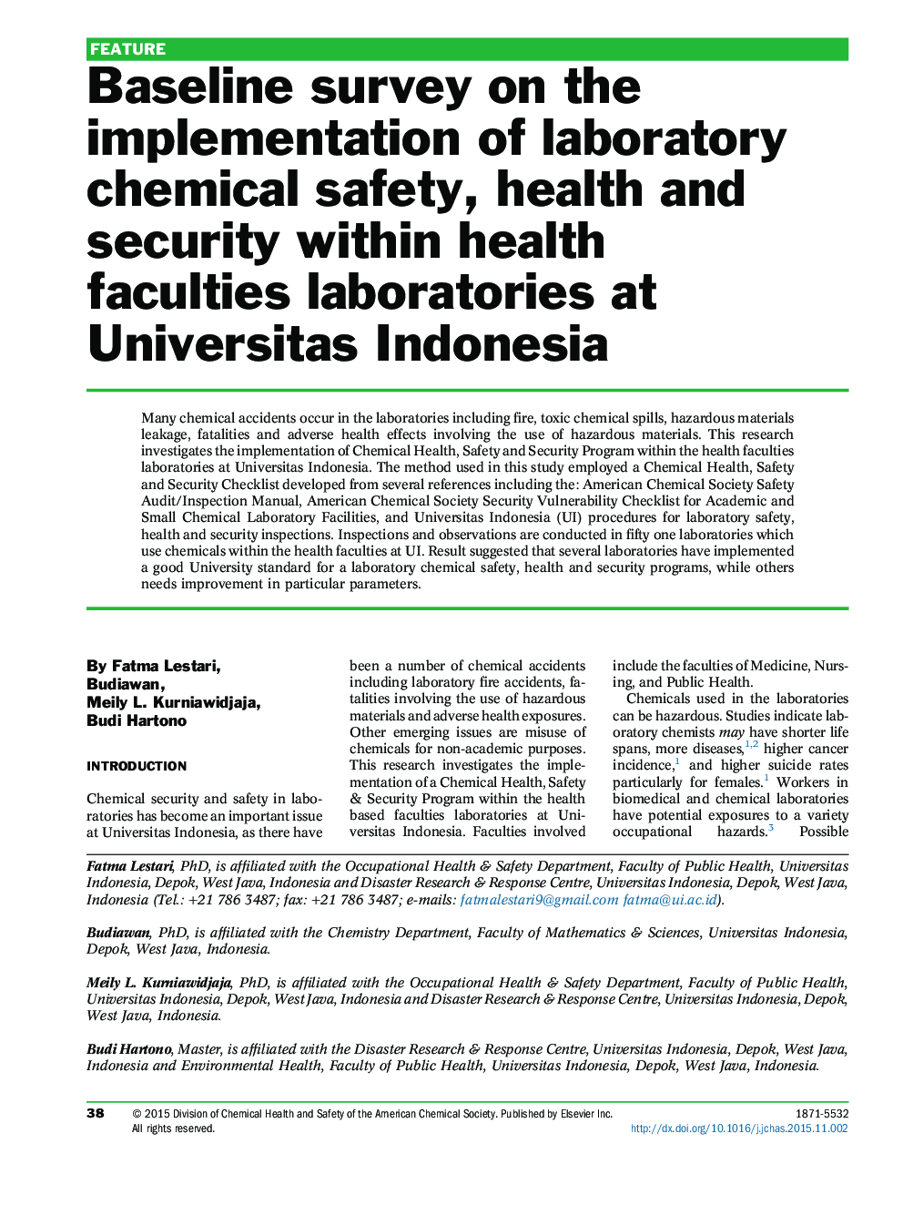 Baseline survey on the implementation of laboratory chemical safety, health and security within health faculties laboratories at Universitas Indonesia