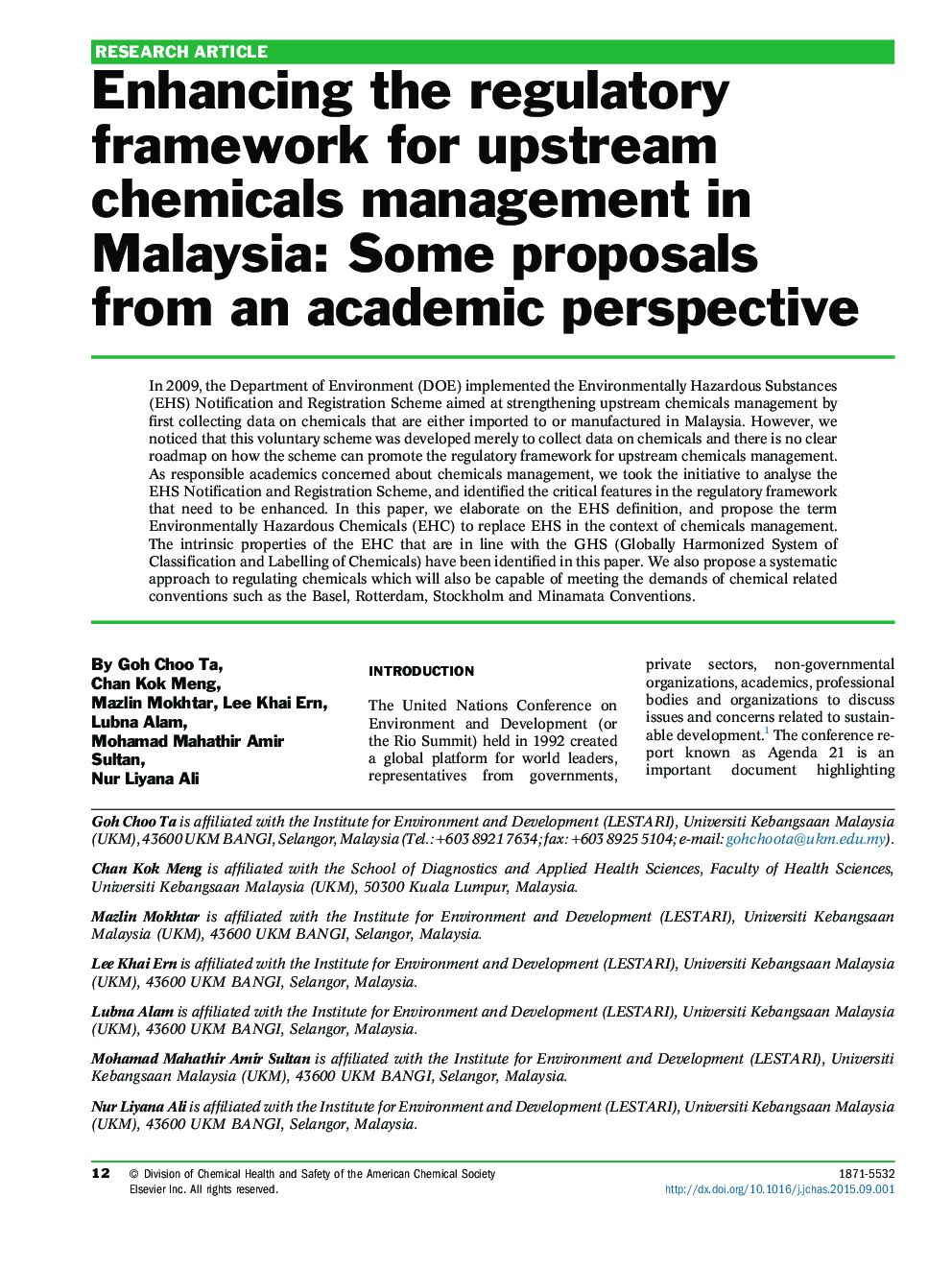 Enhancing the regulatory framework for upstream chemicals management in Malaysia: Some proposals from an academic perspective