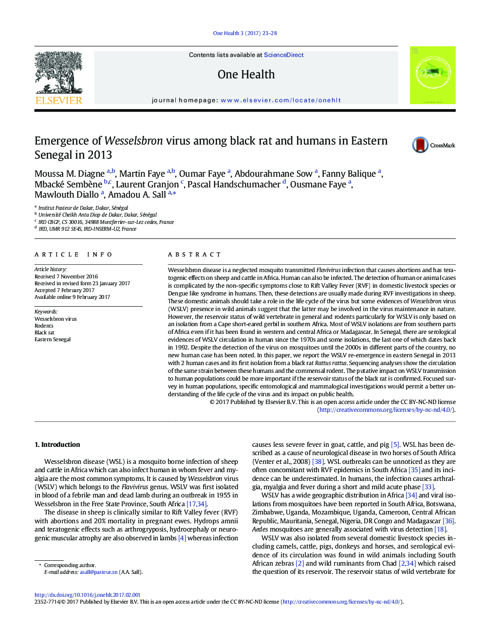 Emergence of Wesselsbron virus among black rat and humans in Eastern Senegal in 2013