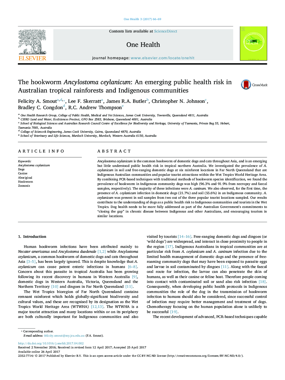 The hookworm Ancylostoma ceylanicum: An emerging public health risk in Australian tropical rainforests and Indigenous communities