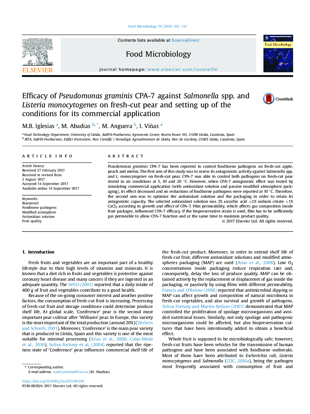 Efficacy of Pseudomonas graminis CPA-7 against Salmonella spp. and Listeria monocytogenes on fresh-cut pear and setting up of the conditions for its commercial application