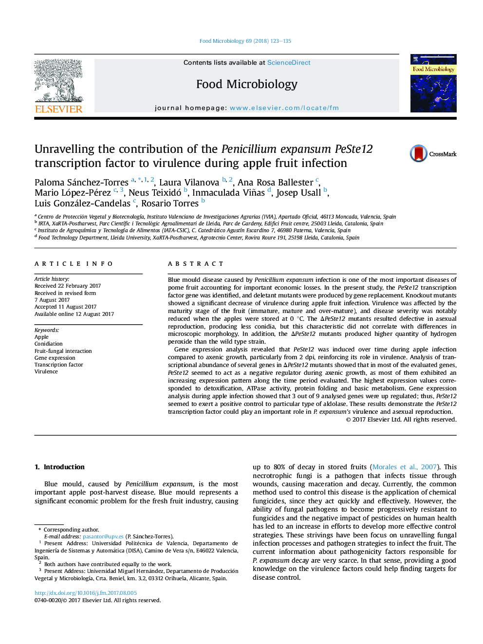 Unravelling the contribution of the Penicillium expansum PeSte12 transcription factor to virulence during apple fruit infection