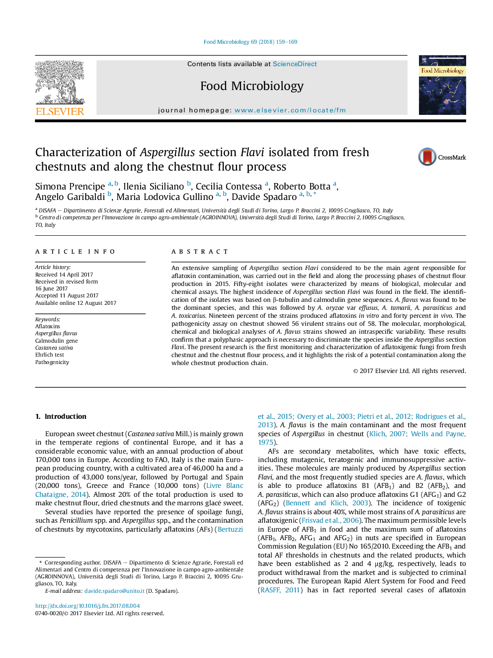 Characterization of Aspergillus section Flavi isolated from fresh chestnuts and along the chestnut flour process