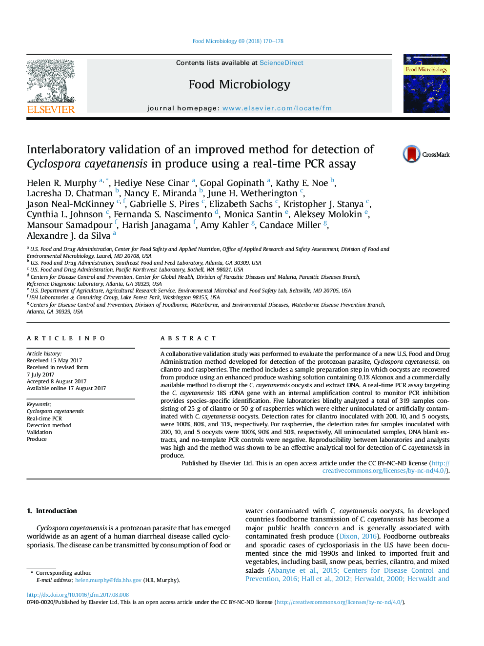 Interlaboratory validation of an improved method for detection of Cyclospora cayetanensis in produce using a real-time PCR assay