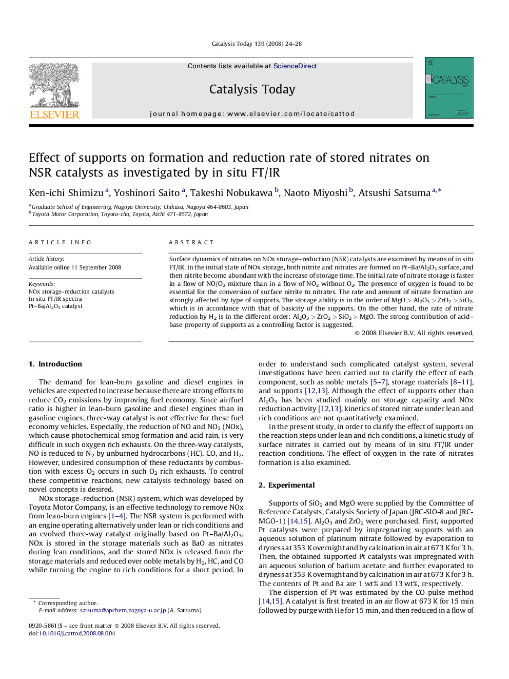 Effect of supports on formation and reduction rate of stored nitrates on NSR catalysts as investigated by in situ FT/IR