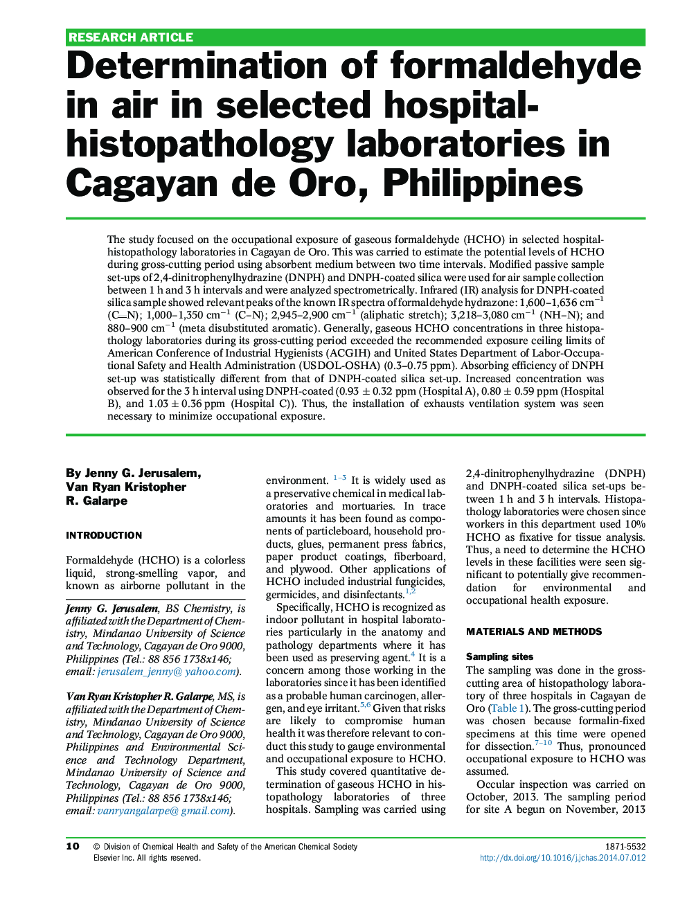 Determination of formaldehyde in air in selected hospital-histopathology laboratories in Cagayan de Oro, Philippines