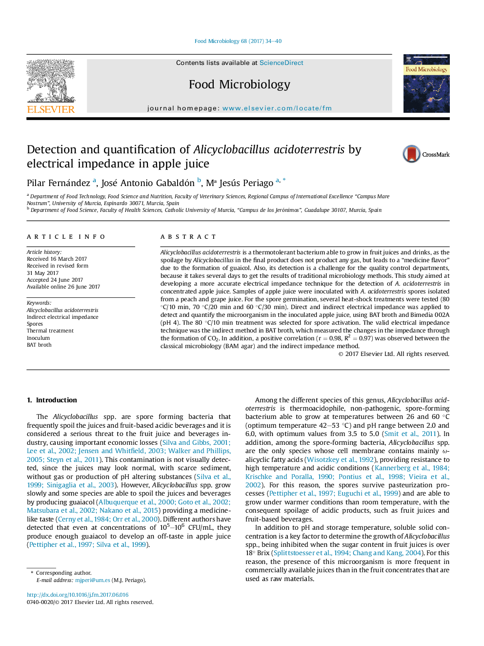 Detection and quantification of Alicyclobacillus acidoterrestris by electrical impedance in apple juice