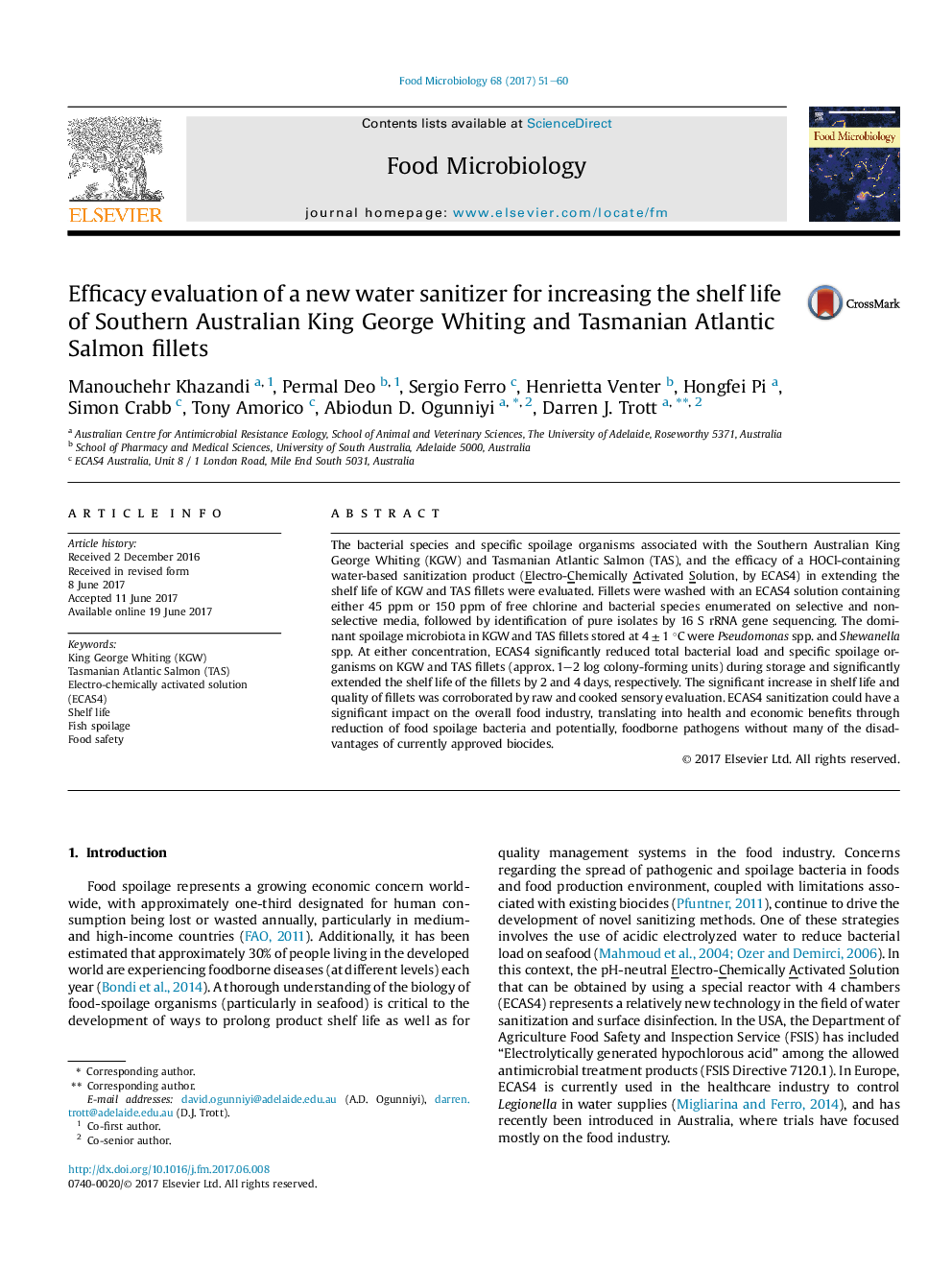 Efficacy evaluation of a new water sanitizer for increasing the shelf life of Southern Australian King George Whiting and Tasmanian Atlantic Salmon fillets