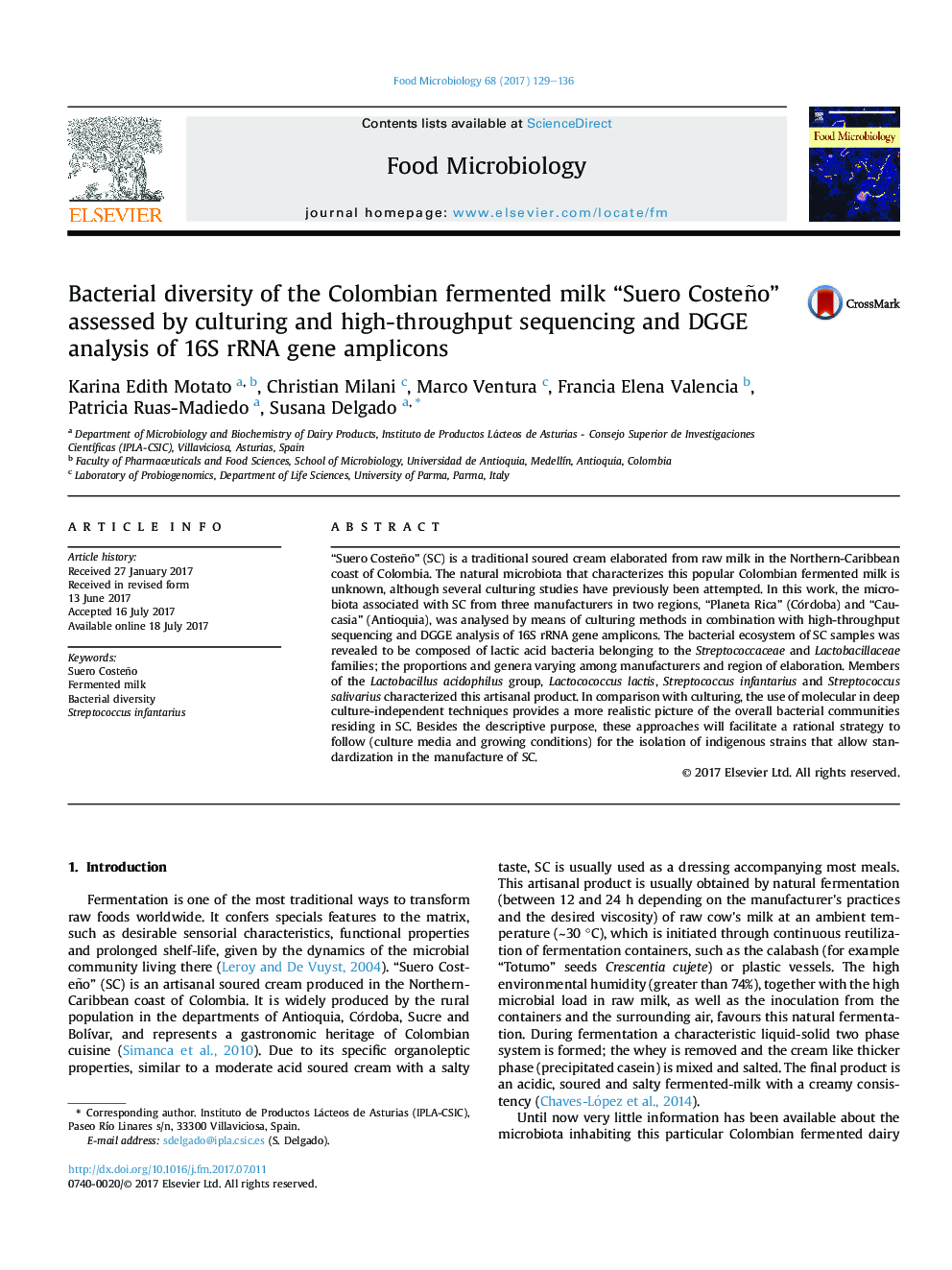 Bacterial diversity of the Colombian fermented milk “Suero Costeño” assessed by culturing and high-throughput sequencing and DGGE analysis of 16S rRNA gene amplicons