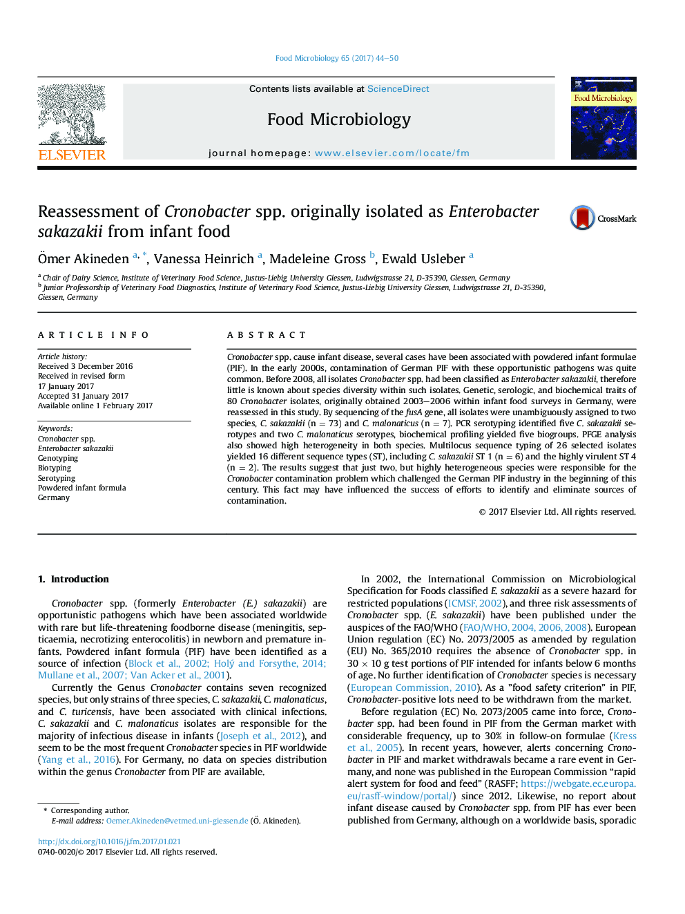 Reassessment of Cronobacter spp. originally isolated as Enterobacter sakazakii from infant food