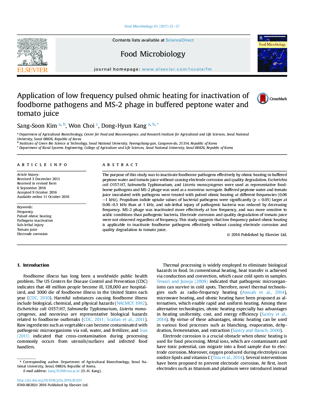 Application of low frequency pulsed ohmic heating for inactivation of foodborne pathogens and MS-2 phage in buffered peptone water and tomato juice