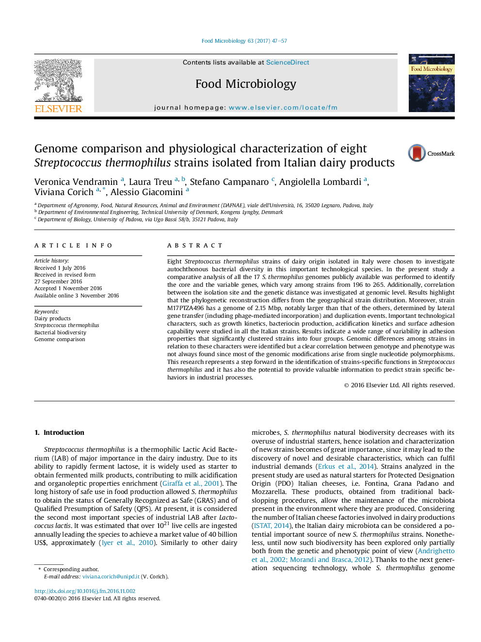 Genome comparison and physiological characterization of eight Streptococcus thermophilus strains isolated from Italian dairy products