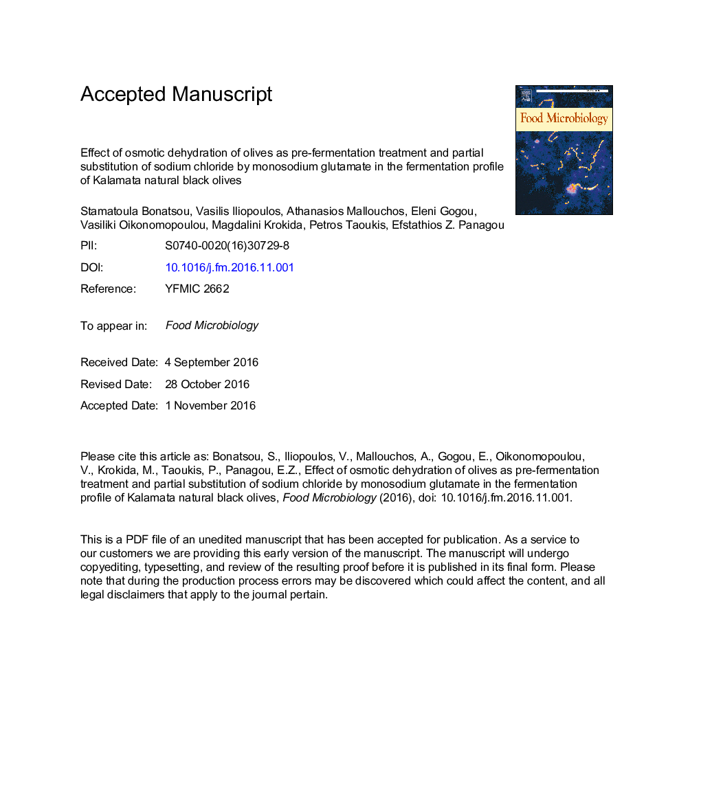 Effect of osmotic dehydration of olives as pre-fermentation treatment and partial substitution of sodium chloride by monosodium glutamate in the fermentation profile of Kalamata natural black olives