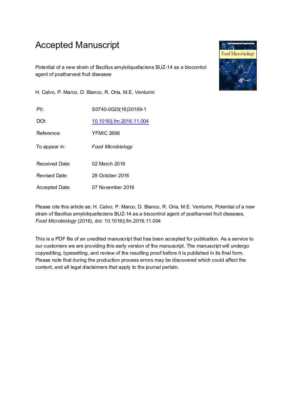 Potential of a new strain of Bacillus amyloliquefaciens BUZ-14 as a biocontrol agent of postharvest fruit diseases