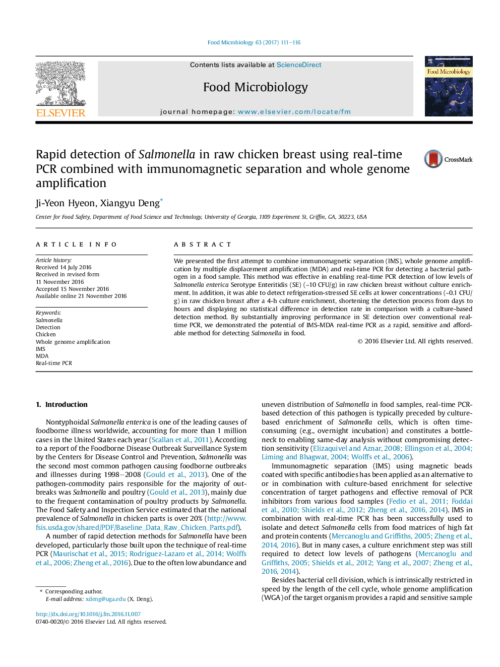 Rapid detection of Salmonella in raw chicken breast using real-time PCR combined with immunomagnetic separation and whole genome amplification