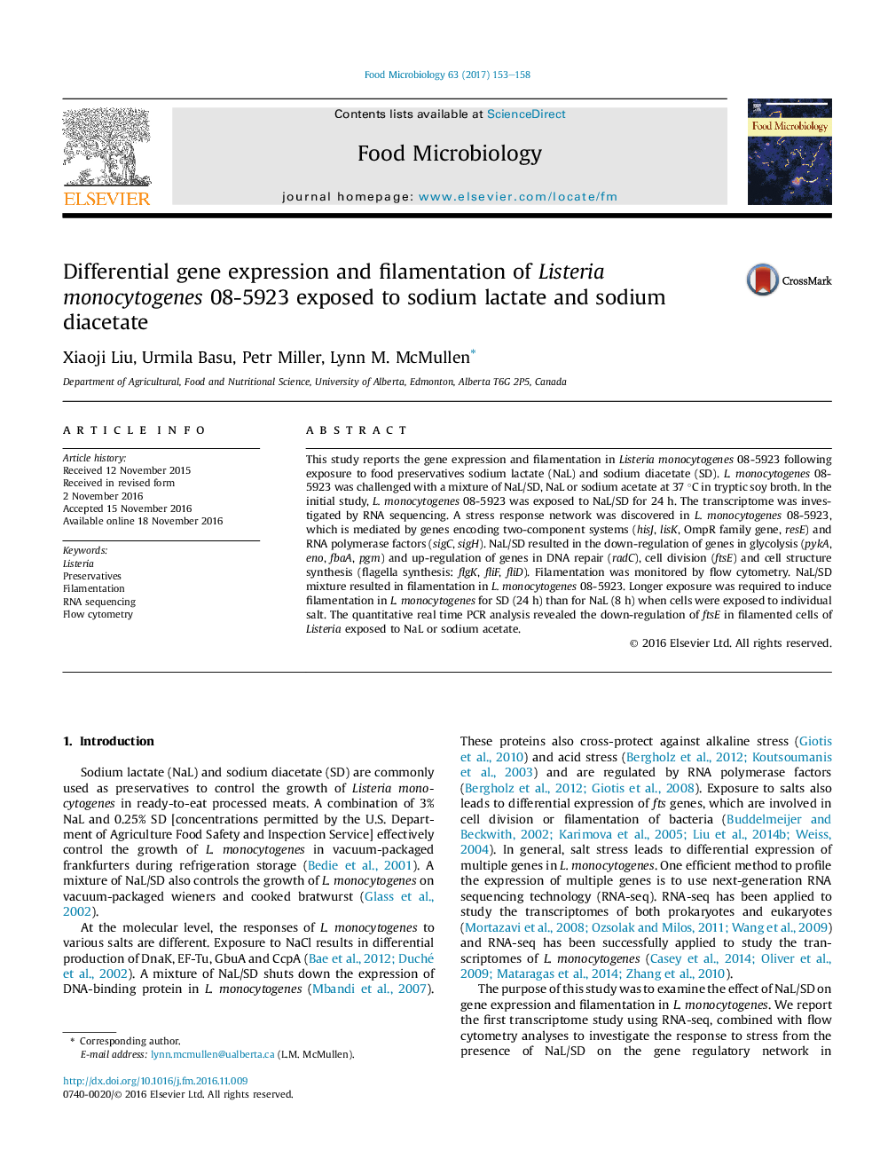 Differential gene expression and filamentation of Listeria monocytogenes 08-5923 exposed to sodium lactate and sodium diacetate