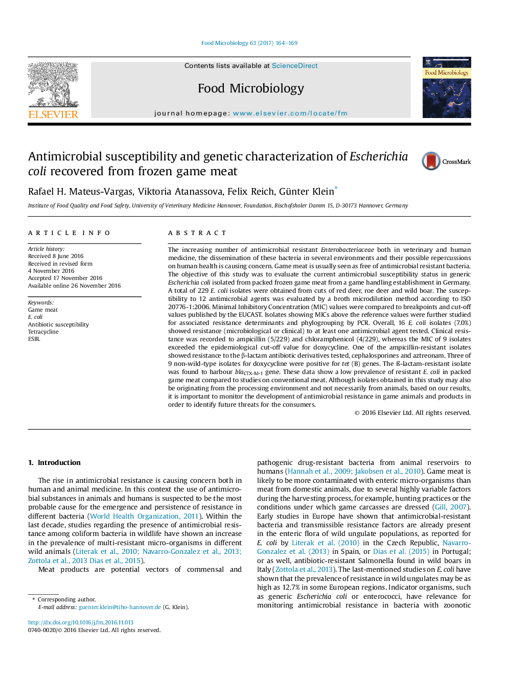 Antimicrobial susceptibility and genetic characterization of Escherichia coli recovered from frozen game meat