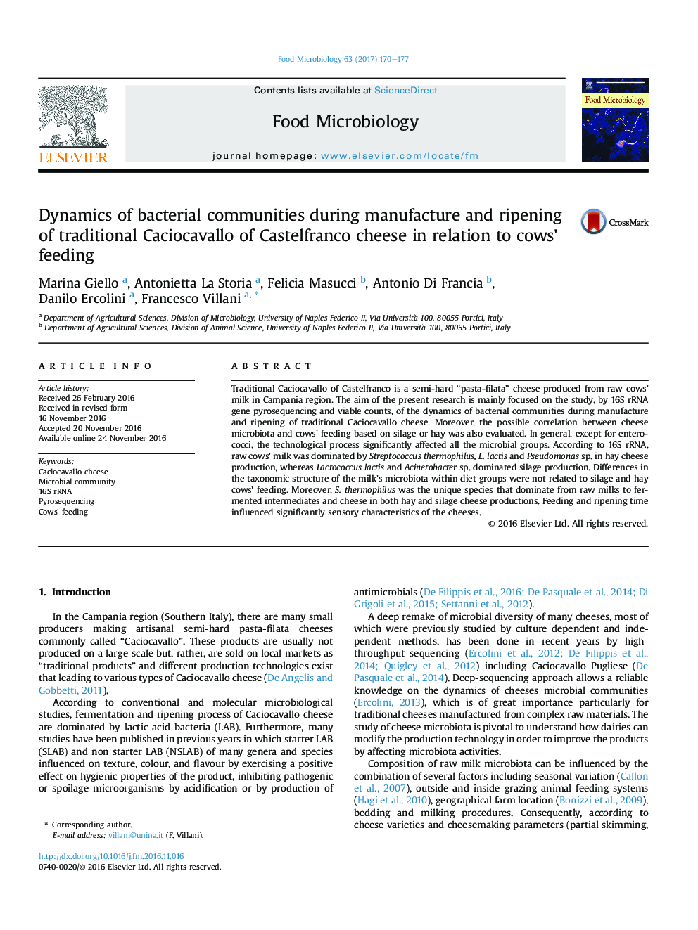 Dynamics of bacterial communities during manufacture and ripening of traditional Caciocavallo of Castelfranco cheese in relation to cows' feeding