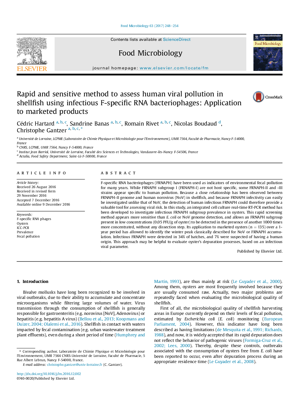 Rapid and sensitive method to assess human viral pollution in shellfish using infectious F-specific RNA bacteriophages: Application to marketed products