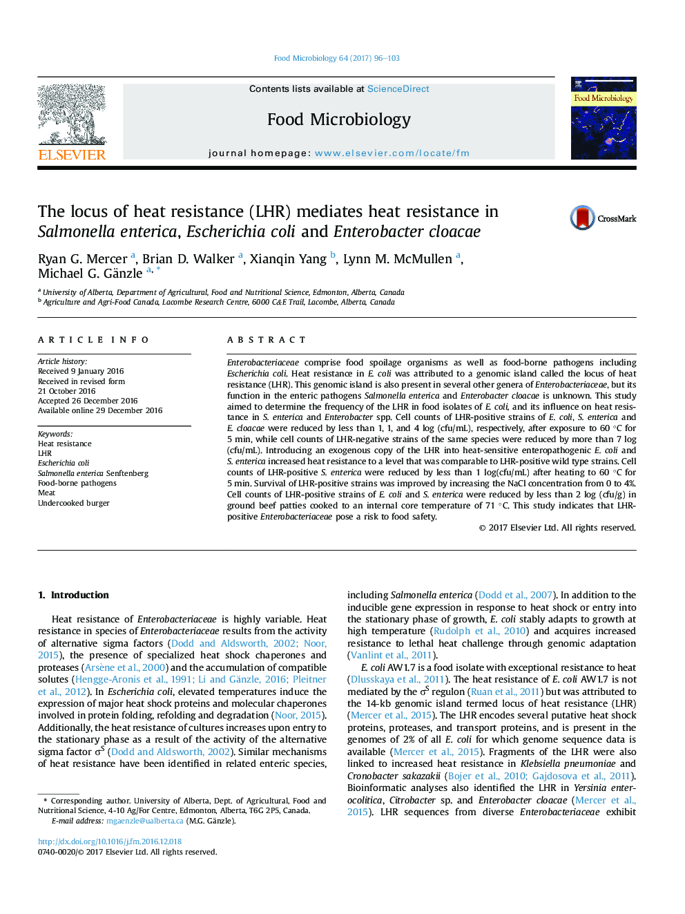 The locus of heat resistance (LHR) mediates heat resistance in Salmonella enterica, Escherichia coli and Enterobacter cloacae