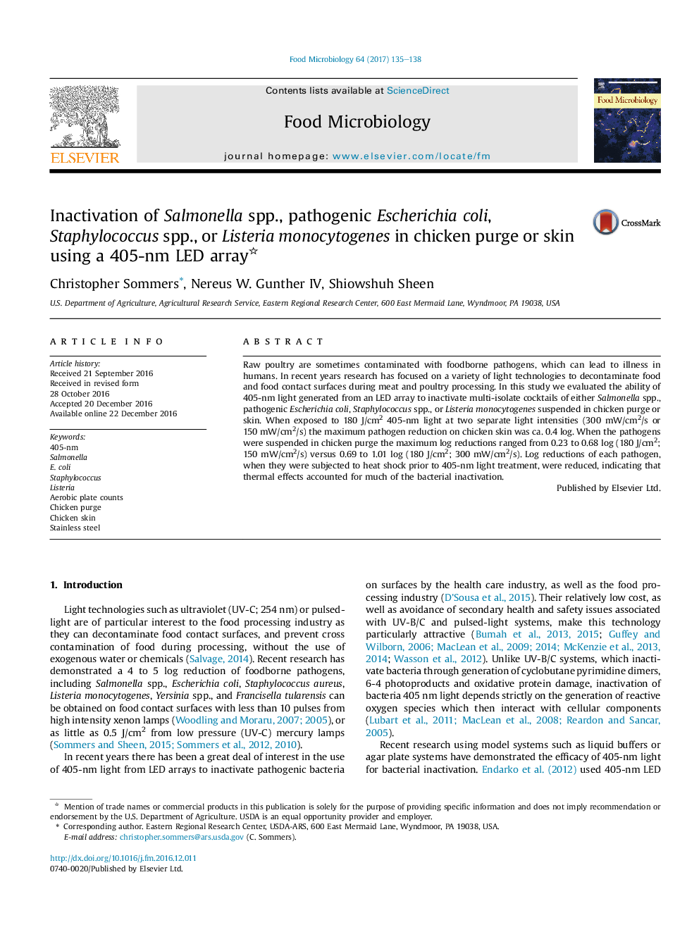 Inactivation of Salmonella spp., pathogenic Escherichia coli, Staphylococcus spp., or Listeria monocytogenes in chicken purge or skin using a 405-nm LED array