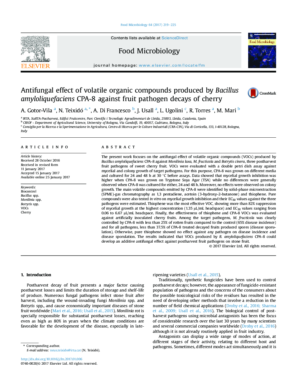 عکس صفحه اول مقاله: Antifungal effect of volatile organic compounds produced by Bacillus amyloliquefaciens CPA-8 against fruit pathogen decays of cherry Antifungal effect of volatile organic compounds produced by Bacillus amyloliquefaciens CPA-8 against fruit pathogen decays of cherry
