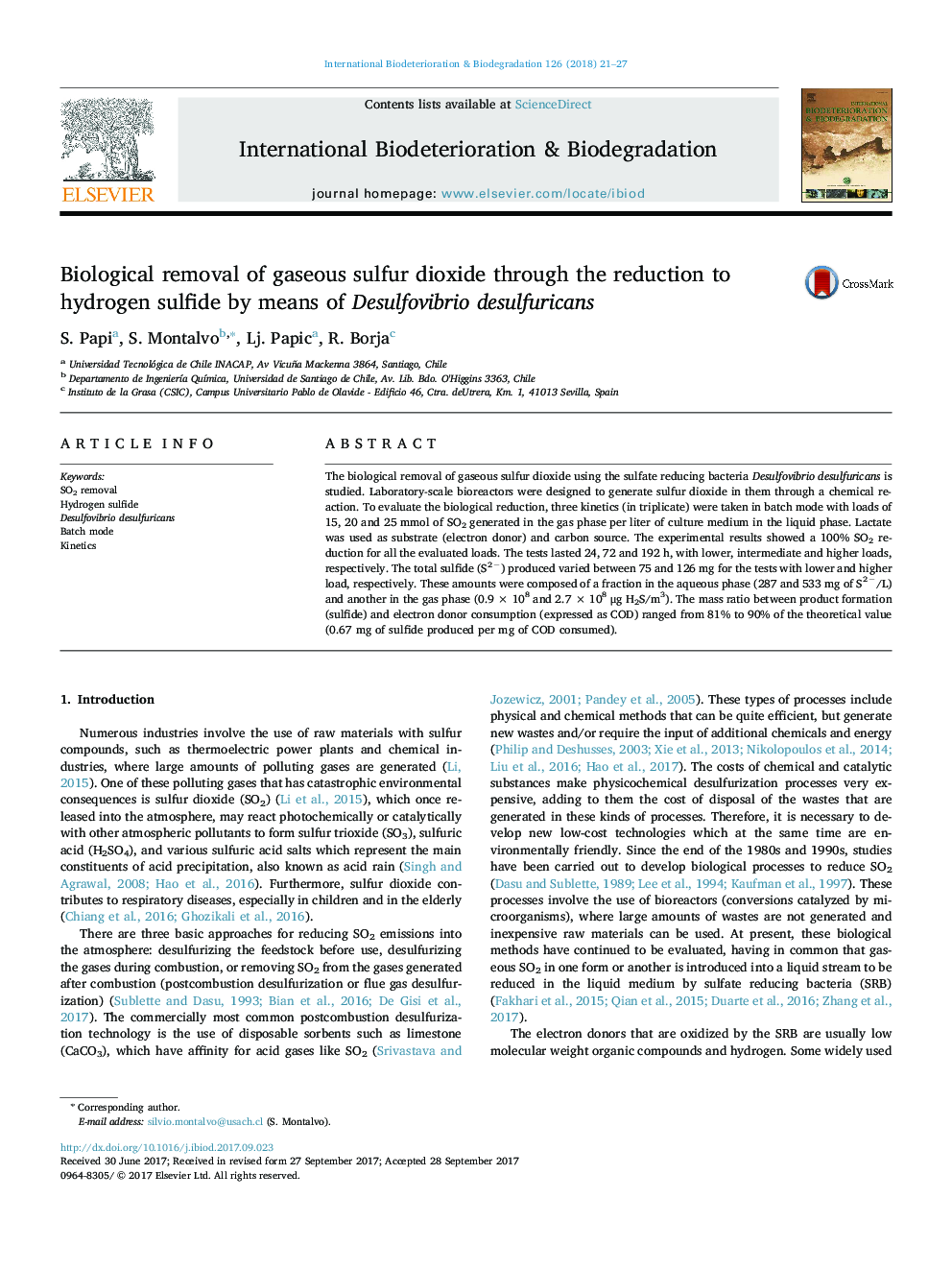 Biological removal of gaseous sulfur dioxide through the reduction to hydrogen sulfide by means of Desulfovibrio desulfuricans