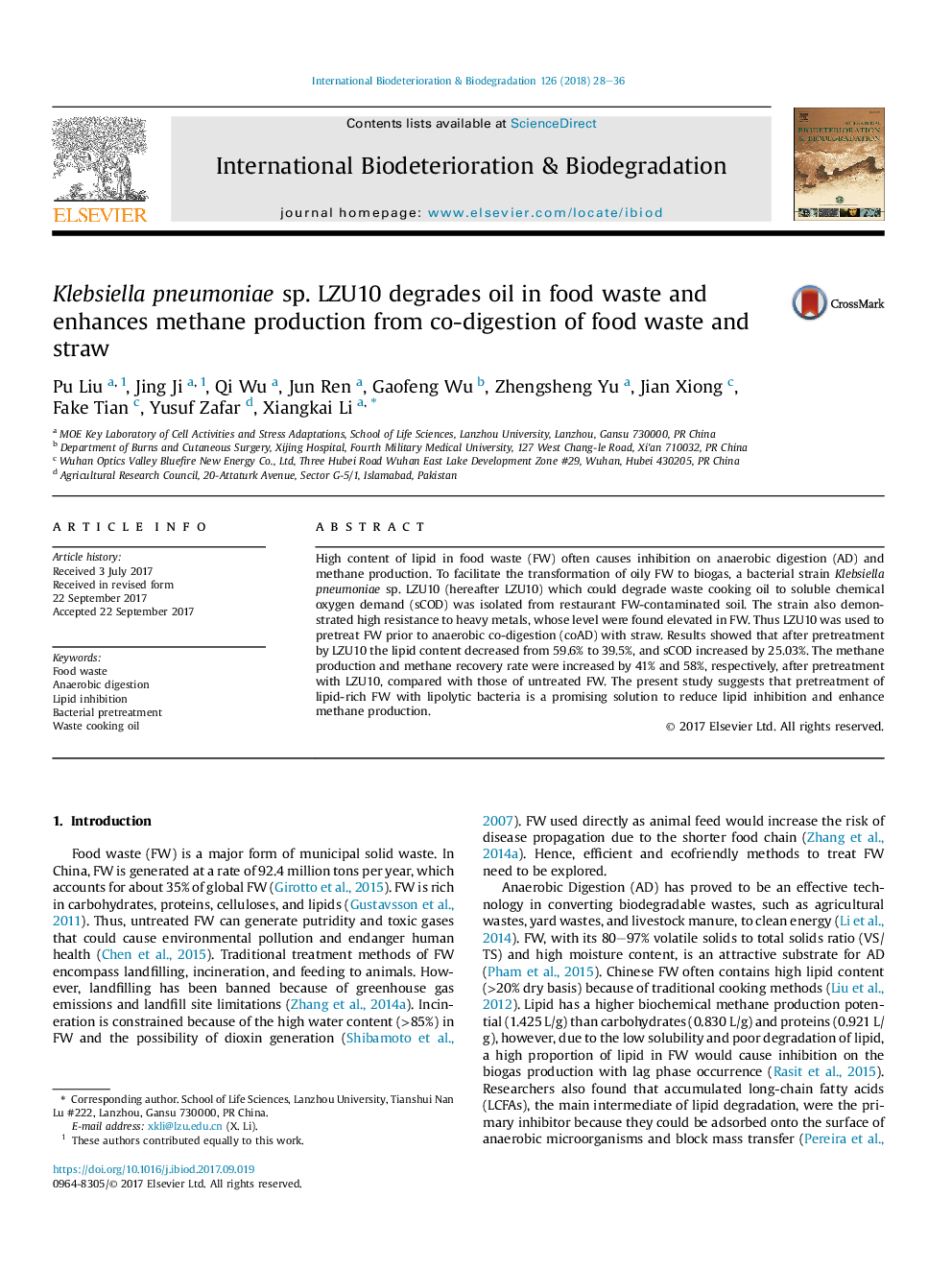 Klebsiella pneumoniae sp. LZU10 degrades oil in food waste and enhances methane production from co-digestion of food waste and straw