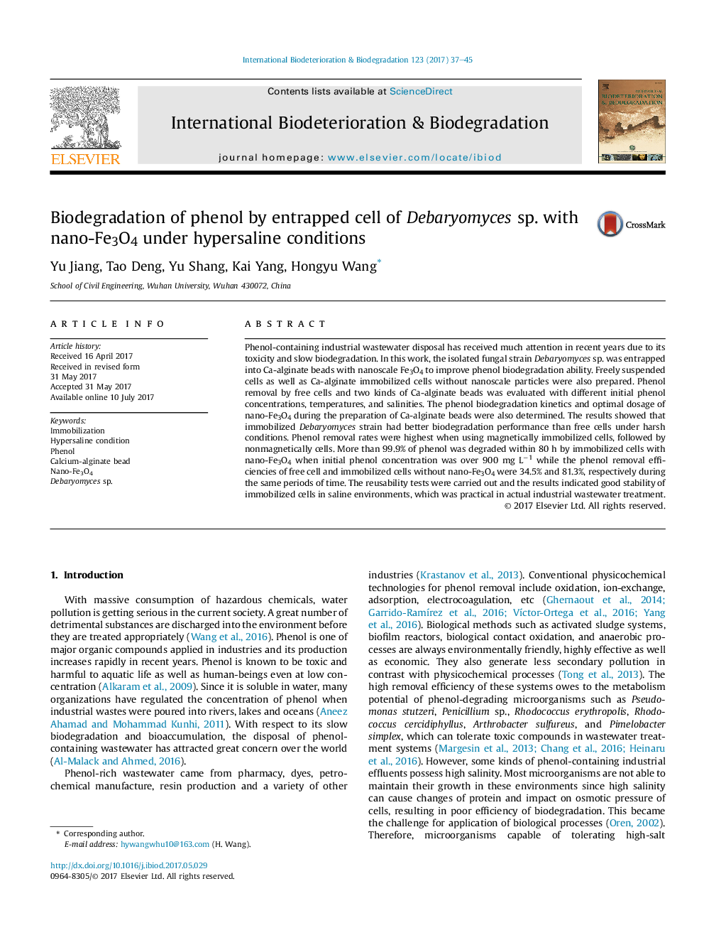 Biodegradation of phenol by entrapped cell of Debaryomyces sp. with nano-Fe3O4 under hypersaline conditions