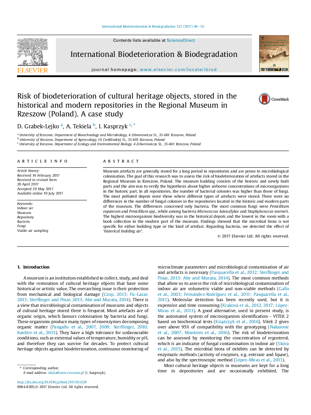 Risk of biodeterioration of cultural heritage objects, stored in the historical and modern repositories in the Regional Museum in Rzeszow (Poland). A case study