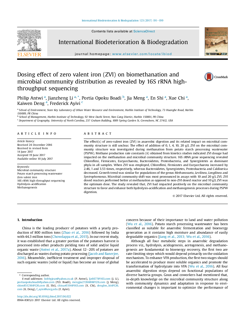عکس صفحه اول مقاله: Dosing effect of zero valent iron (ZVI) on biomethanation and microbial community distribution as revealed by 16S rRNA high-throughput sequencing Dosing effect of zero valent iron (ZVI) on biomethanation and microbial community distribution as revealed by 16S rRNA high-throughput sequencing