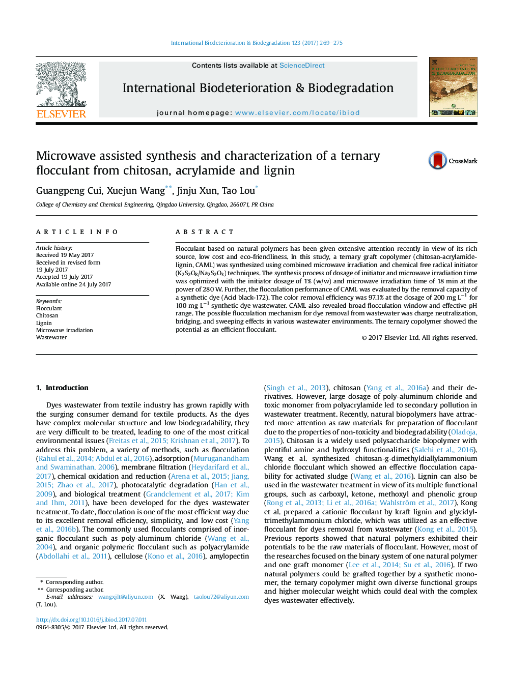 Microwave assisted synthesis and characterization of a ternary flocculant from chitosan, acrylamide and lignin