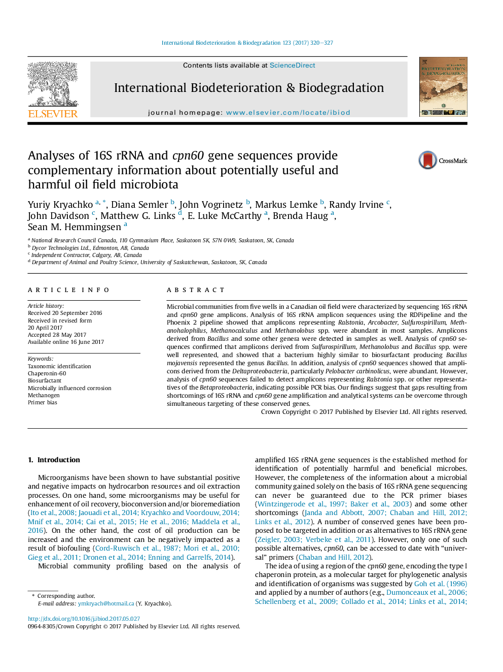 Analyses of 16S rRNA and cpn60 gene sequences provide complementary information about potentially useful and harmfulÂ oilÂ field microbiota