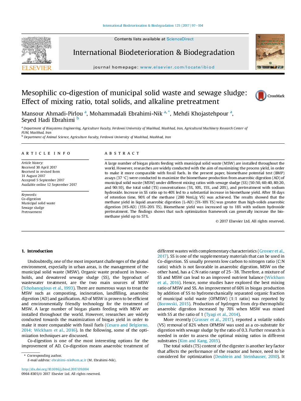 Mesophilic co-digestion of municipal solid waste and sewage sludge: Effect of mixing ratio, total solids, and alkaline pretreatment