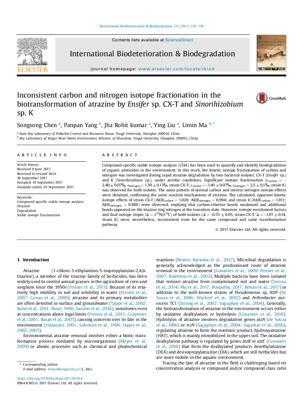 Inconsistent carbon and nitrogen isotope fractionation in the biotransformation of atrazine by Ensifer sp. CX-T and Sinorihizobium sp. K