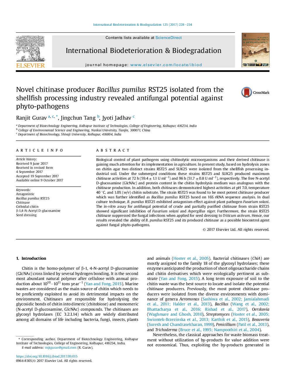 Novel chitinase producer Bacillus pumilus RST25 isolated from the shellfish processing industry revealed antifungal potential against phyto-pathogens