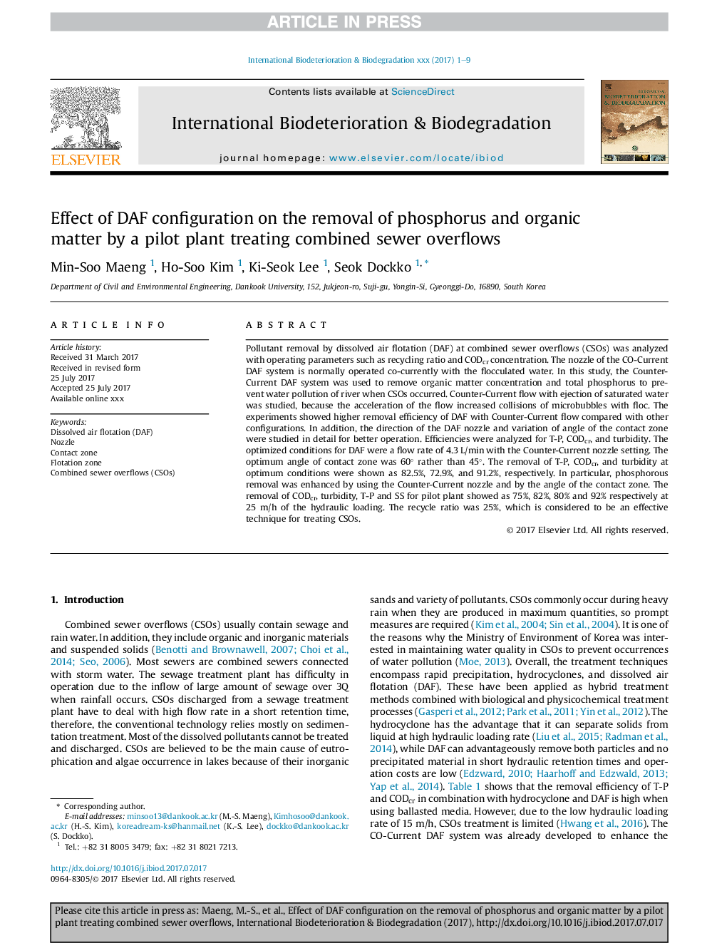 Effect of DAF configuration on the removal of phosphorus and organic matter by a pilot plant treating combined sewer overflows