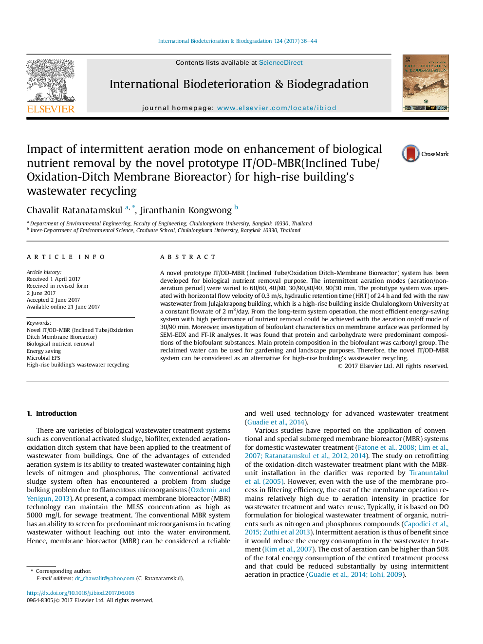 Impact of intermittent aeration mode on enhancement of biological nutrient removal by the novel prototype IT/OD-MBR(Inclined Tube/Oxidation-Ditch Membrane Bioreactor) for high-rise building's wastewater recycling