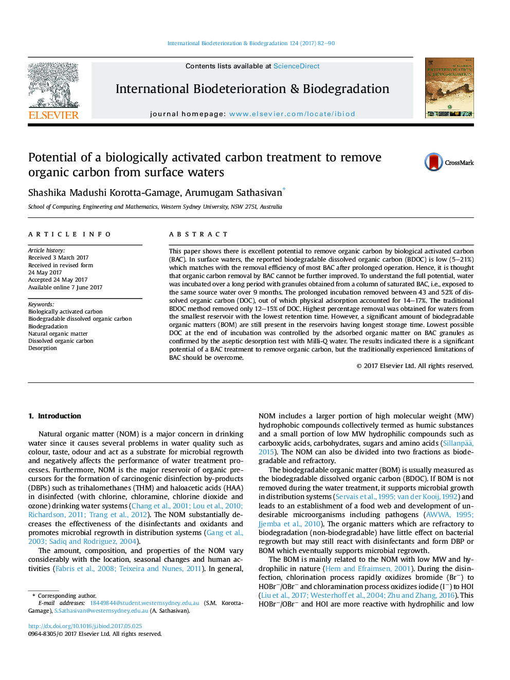 Potential of a biologically activated carbon treatment to remove organic carbon from surface waters