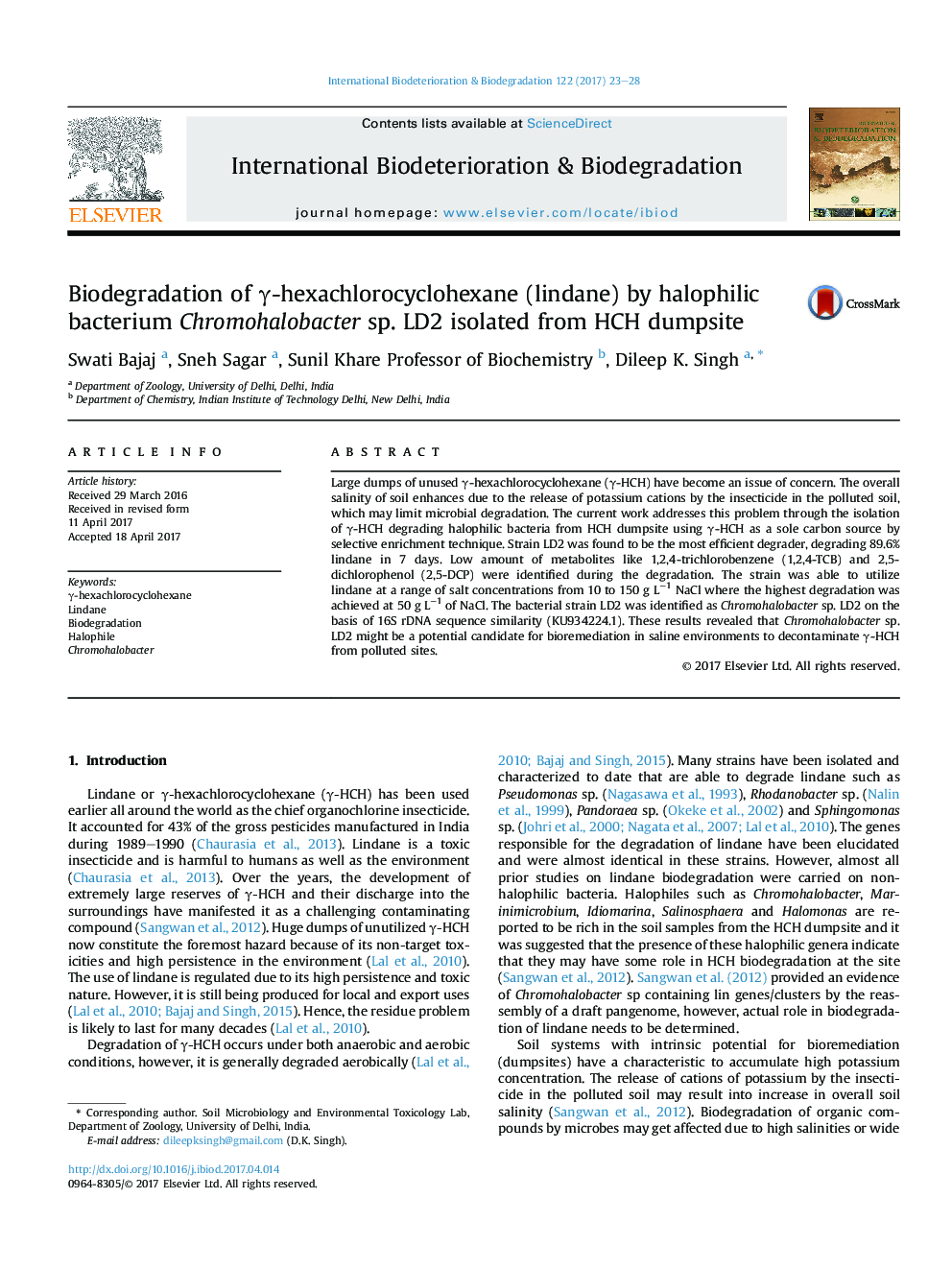 Biodegradation of Î³-hexachlorocyclohexane (lindane) by halophilic bacterium Chromohalobacter sp. LD2 isolated from HCH dumpsite