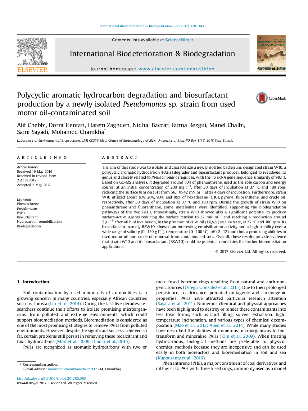 Polycyclic aromatic hydrocarbon degradation and biosurfactant production by a newly isolated Pseudomonas sp. strain from used motor oil-contaminated soil