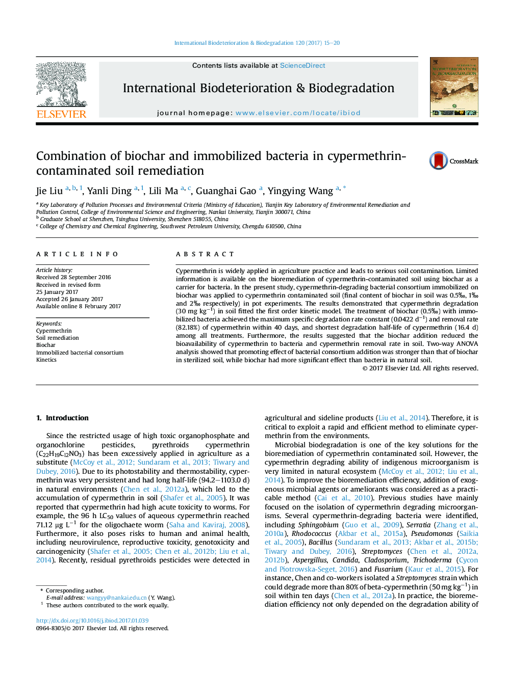 Combination of biochar and immobilized bacteria in cypermethrin-contaminated soil remediation