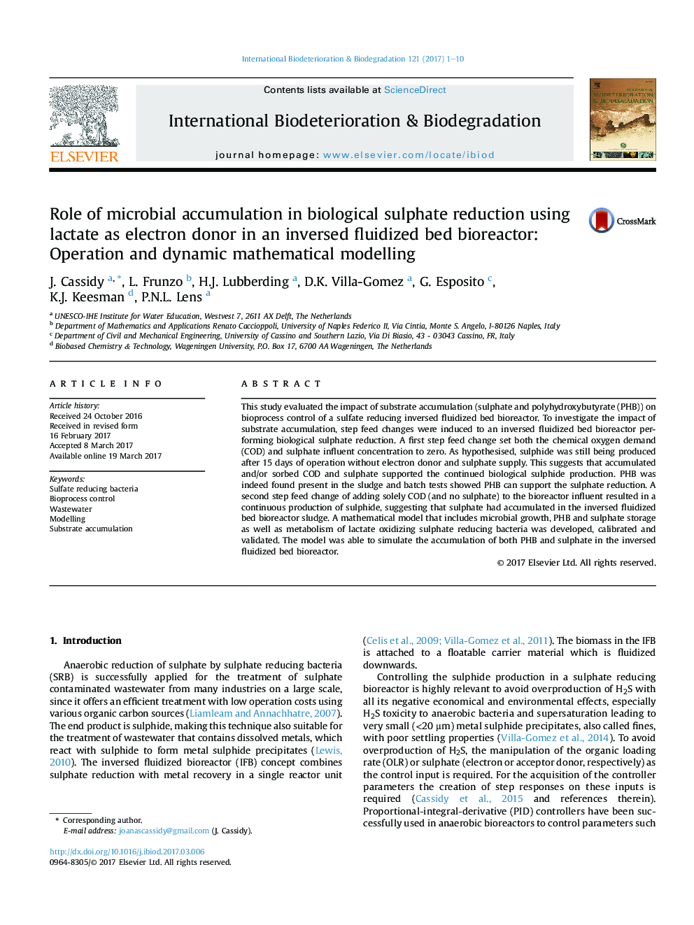 Role of microbial accumulation in biological sulphate reduction using lactate as electron donor in an inversed fluidized bed bioreactor: Operation and dynamic mathematical modelling