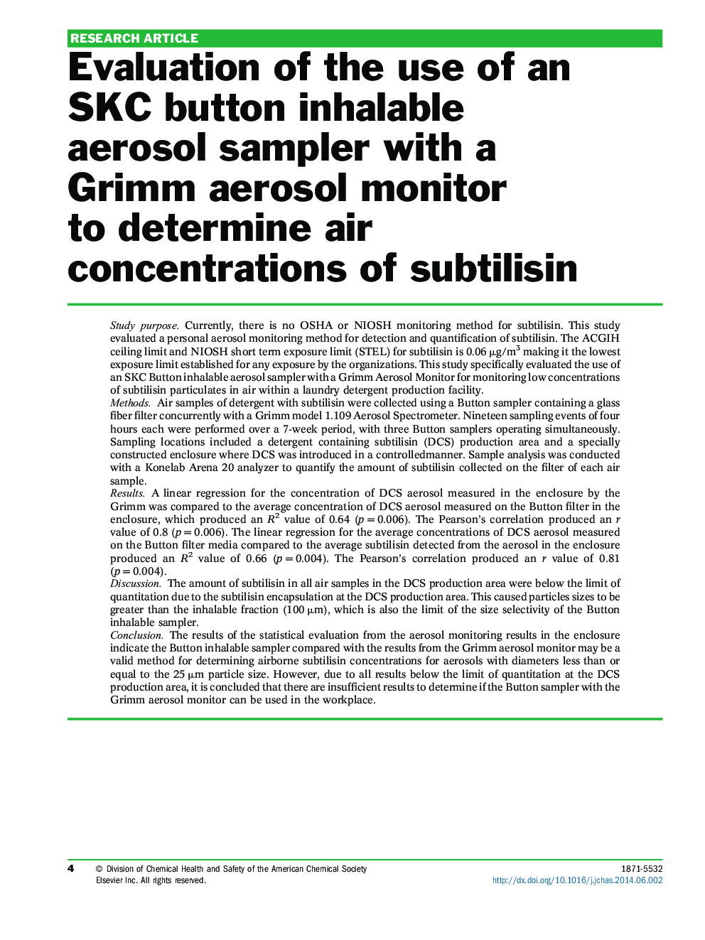 Evaluation of the use of an SKC button inhalable aerosol sampler with a Grimm aerosol monitor to determine air concentrations of subtilisin