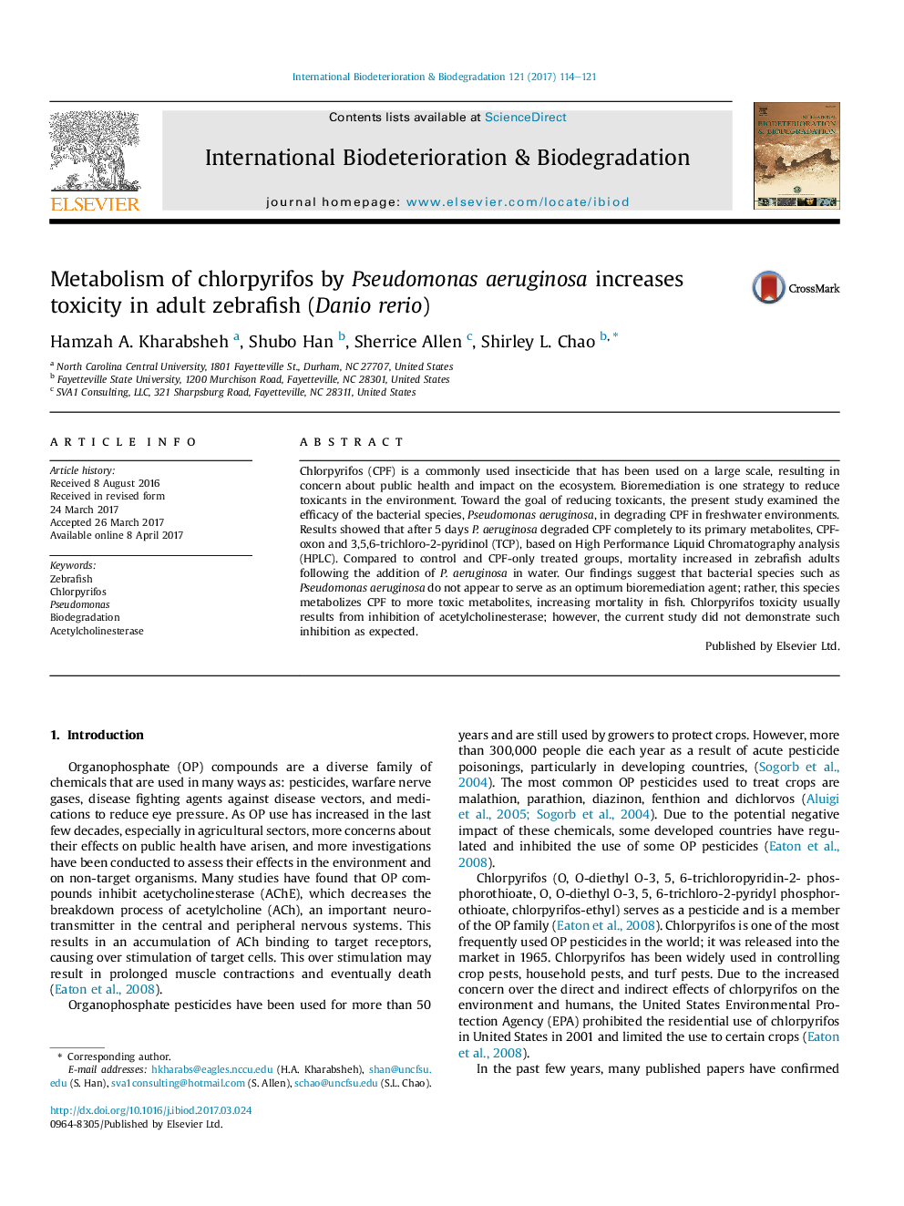 Metabolism of chlorpyrifos by Pseudomonas aeruginosa increases toxicity in adult zebrafish (Danio rerio)